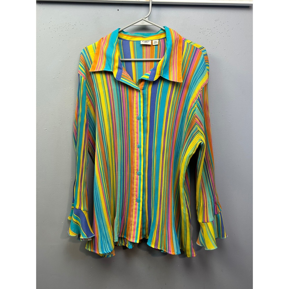 Cato Woman Shirt Womens 18/20 Multicolor Stripe Plisse Bell Sleeve Button Down